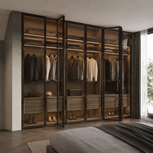 <span class=keywords><strong>Armadio</strong></span> Minimalista con Porta in Vetro e Telaio in Metallo, Illuminazione a LED Integrata, Ideale per Design Industriale di Soffitte, Camere da Letto e Soggiorni - Product Image 2