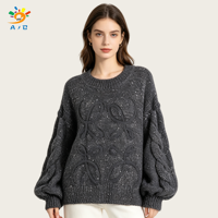 AJB 2026 Pull décontracté pour femme, coupe ample, en maille côtelée, col rond, manches longues, mélange laine et nylon, vente en gros OEM