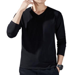 T-shirt en coton épais 250g pour homme, col en V, manches longues, coupe ample, couleur unie, design décontracté, chemise de base, vente en gros - Product Image 2