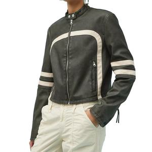 Veste en cuir style moto sur mesure avec bordure contrastante, fermeture éclair, veste en cuir courte en polyester pour femmes - Product Image 5