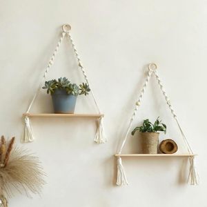 Set di 2 Mensole da Parete <span class=keywords><strong>in</strong></span> Legno - Mensole Galleggianti Boho Bianche con Macramè, Porta Piante Regolabile, Scaffale Rustico per Decorazione Murale - Product Image 1