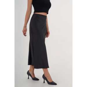 Ruffled Cut <b>Long</b> <b>Black</b> Satin <b>Skirt</b> High Waist <b>Women's</b> 100% Polyester Shiny Fabric - Product Image 3