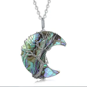 Pingente de lua crescente envolto em fio com árvore da vida, joia de quartzo com pedras preciosas naturais, corrente de prata e pingente de lua