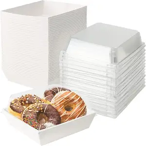 3.3*7.4 इंच सैंडविच हैमबर्गर रोटी हॉट डॉग सफेद कागज डिस्पोजेबल स्पष्ट पीईटी ढक्कन के साथ आयत केक बॉक्स