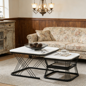Современный набор из 2-х журнальных столиков, столешница из белого мрамора с черной металлической рамой, складные приставные столики для гостиной - Product Image 3