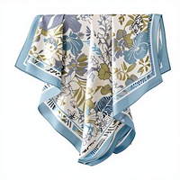 Écharpe en soie bleu pastel à fleurs, 90 cm, grand foulard carré pour femmes, vêtements de plage d'été et accessoire pour cheveux