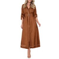 OEM ODM Logo personnalisé Robe longue tissée pour femme, élégante, vintage, unie, boutonnée, à manches longues, col en V, avec ceinture, fentes et poches, grande taille, automne