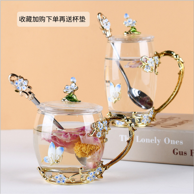 Heat Resistant Embossed Luxury Enamel Crystal Flower Brew Peach Blossom Metal Handle Violet Glass Tea Romantic Iris Cup For Lady