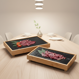 Plateau de service rectangulaire en <span class=keywords><strong>ardoise</strong></span> noire et bois, plateau amovible pour servir les steaks et les viandes tranchées - Product Image 6