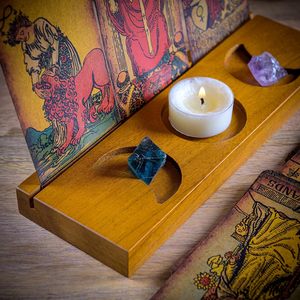 Witch <strong>Altar</strong> <strong>Wicca</strong> Crystal Tarot Cards Holder Wooden Tarot Card Stand Wooden Brown Divination Moon Candlestick Ornament - Product Image 2