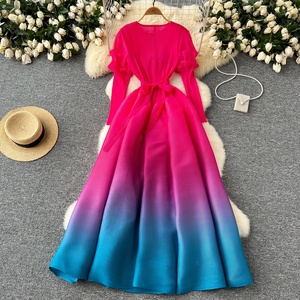 Nuevo Vestido Casual <span class=keywords><strong>de</strong></span> Moda con Pliegues Degradados y Estampado Floral, Talla Grande, Cintura Elástica, Vestido Largo Elegante con Pliegues - Product Image 2