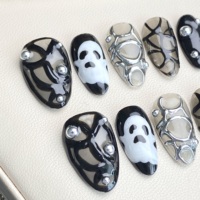 Faux ongles Halloween à presser, noirs, style gothique, crâne chromé 3D, en métal, faits à la main, réutilisables, personnalisables, vente en gros