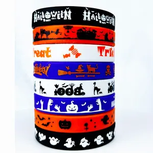 Barato promocional de masaje personalizado gran oferta logotipo personalizado que brilla en la oscuridad Halloween pulsera de silicona promocional muñequera de goma