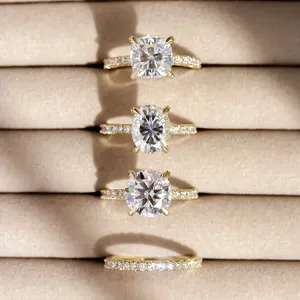 Luster 2 Piece Solitaire 3ct Oval Round Cushion Cut Moissanite Diamond 925 Silver Yellow Rose Gold Wedding Ring Set
