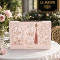Boîte cadeau de luxe rose en carton rigide avec logo personnalisé, style vintage, avec pompon chandelier, vente en gros