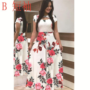 Vestido <span class=keywords><strong>Maxi</strong></span> Bohemio de <span class=keywords><strong>Playa</strong></span> para Mujer, Talla Grande, Manga Corta y Larga, Estampado Floral, Verano, Falda Completa, a la Moda, Venta al por Mayor - Product Image 2