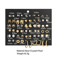 Anting-anting tusuk berlian imitasi motif bunga hati peach Model 5608201, set 30 buah, bahan alloy emas, gaya Instagram, simpel retro