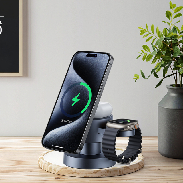 4in1 Foldable Magnetic Platform Wireless Charging Dock Mood Light Earphone Watch Protection 9V/2A 15W Type-C Fast Charger US