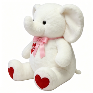 Peluche d'éléphant blanc personnalisée et adorable - Animal en peluche doux et moelleux avec nœud en satin rose et accents de cœur rouge - Product Image 4
