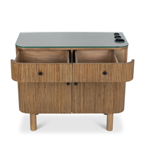 Station de coiffure moderne en bois grainé - Meuble de rangement avec tiroirs, espace de rangement et support pour outils chauffants