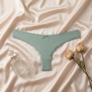 Culotte string côtelée en coton pour femme, confortable, taille basse, avec dentelle et nœud, grandes tailles, vente en gros - Product Image 2