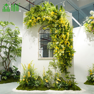 Décoration d'angle intérieure personnalisée en rotin hybride et fleurs artificielles, style forêt, pour vitrine murale et aménagement paysager végétal - Product Image 1
