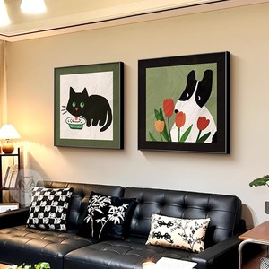 Framed Wall Art Cartoon Animals Oil <b>Canvas</b> Abstract Painting Rectangle Black <b>Frame</b> Restaurant Living Room Decor - Product Image 2