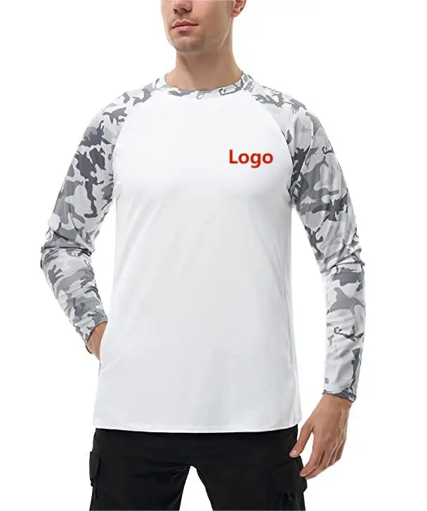 Camisa de Pesca Desempenho dos homens UPF 50 + Sublimação Camo Raglan Manga Longa Splicing Malha Camisetas Com Bolso Com Zíper Invisível