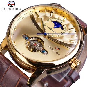 Forsining GMT1150 Luna fase reloj automático real impermeable mecánico reloj de cuero genuino Casual Tourbillon reloj