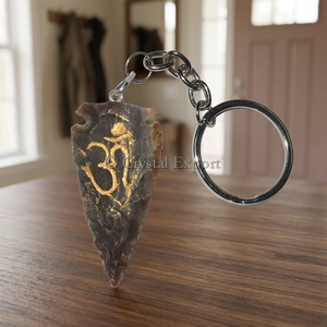 Om Symbol Clear Quartz <b>Crystal</b> Arrowhead Carabiner Keychain Engraving Stone Pendant - Product Image 2