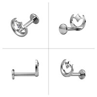 Piercing Labret en Titane ASTM F136 avec Incrustation CZ, Motif Lune et Étoile, Dos Plat, pour Hélix et Tragus, Qualité Implant, Plaqué Or