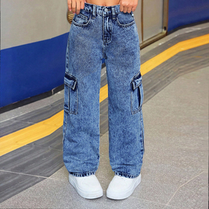 <span class=keywords><strong>Jeans</strong></span> Cargo a Vita Media per Ragazze, Blu Chiaro Lavato, Gamba Larga, con Grandi Tasche Laterali, Morbidi e Casual, Stile Streetwear, Vendita all'Ingrosso - Product Image 1