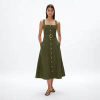 Gaun Midi Wanita Kasual Model A-Line Warna Hijau Army Elegan dengan Kerah Kotak, Tanpa Lengan, Kancing Depan, Sabuk, dan Saku Samping, Desain Terbaru