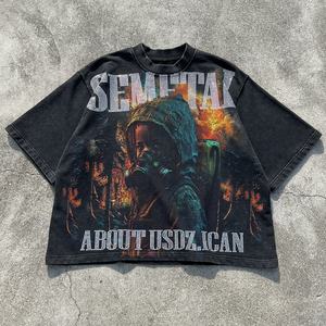 T-shirt imprimé en molleton bouclette pour homme, coupe oversize, délavé à l'acide, style streetwear, épaules tombantes, avec motif graphique en strass - Product Image 1