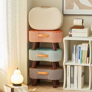 Small <b>Stool</b> With Checkered Fabric And Wooden <b>Legs</b> For Living Room Or Bedroom Use Stackable Design For Home Furniture - Product Image 4