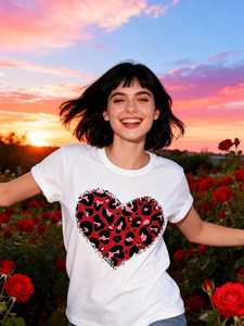 T-shirt con stampa leopardata a cuori da donna, casual, a maniche corte, girocollo, regalo di San Valentino, 100% cotone jersey, primavera estate - Product Image 3