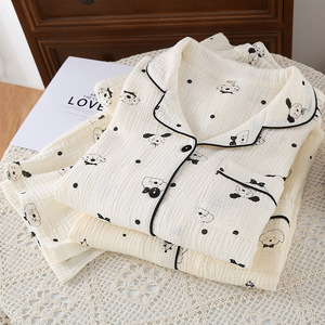 Doppio <span class=keywords><strong>pigiama</strong></span> in <span class=keywords><strong>cotone</strong></span> crêpe da <span class=keywords><strong>donna</strong></span> pantaloni a maniche lunghe comodi vestiti per la casa traspiranti per quattro stagioni cartoni - Product Image 3