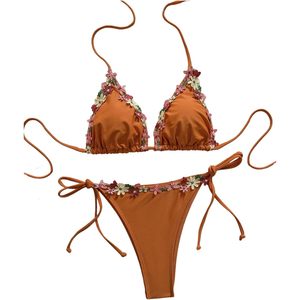 FOXA Women's 2 Piece Halter <b>Triangle</b> <b>Bikini</b> <b>Set</b> With 3D Floral Decoration Stretch Swimwear For Vacation - Product Image 3