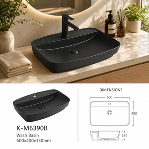 Lavabo ovale en céramique noir mat pour salles de bain d'hôtels commerciaux, position de robinet intégrée - Product Image 1