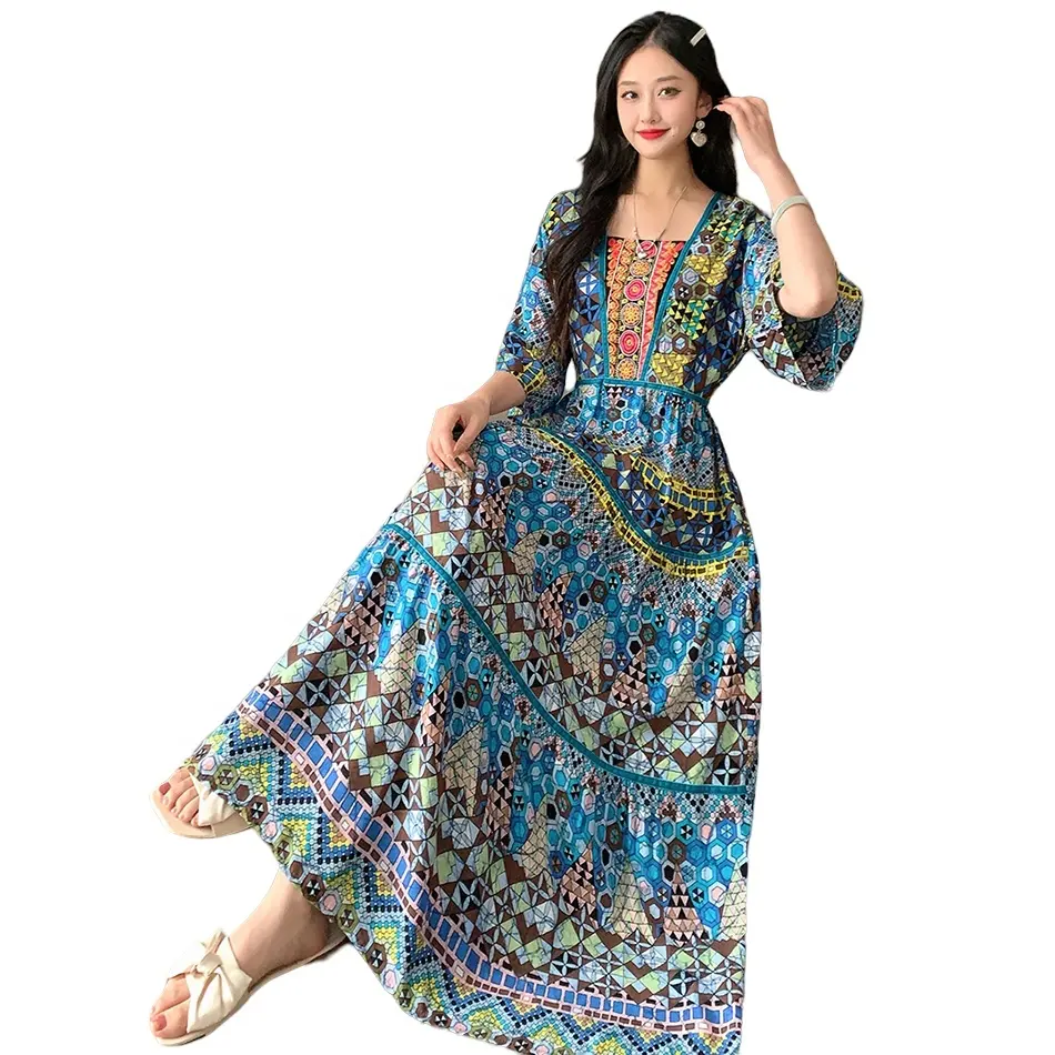 Factory outlet gaun musim panas wanita, motif lengan pendek gaya etnik Thailand katun sutra permen Bohemia