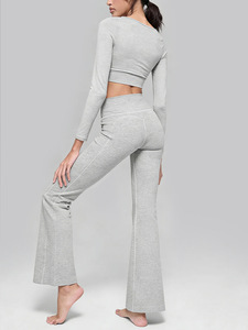 Ensemble de yoga Aoyema : pantalon ample plissé à jambe large, anti-transpiration, très élastique, et haut de sport à manches longues - Product Image 4
