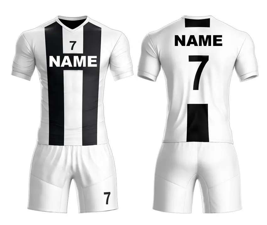 Uniformes De Futebol por atacado de Impressão Digital Personalizado Quick Dry Esportes Desgaste Da Equipe de Futebol Trem Branco Com Preto Listrado Camisa De Futebol
