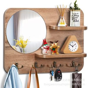 Wall Mounted Wooden Coat Rack With Mirror And <b>Shelves</b> Multi Purpose Storage For Entryway Bedroom <b>Hooks</b> Organizer - Product Image 1