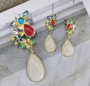 YHJ210619 Fashion Enamel Flower Brooch Earrings Set Teardrop Brooch Pin Jewelry Set