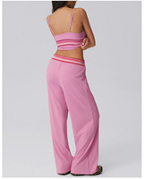 Ensemble de yoga 2 pièces pour femme, haut court à col en V, pantalon large à taille rayée, tenue de sport décontractée et respirante pour la gym