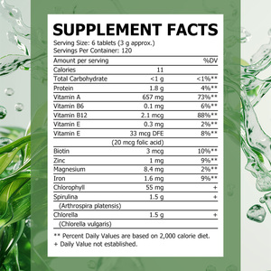 Comprimés de Spiruline et Chlorelle OEM ODM à paroi cellulaire brisée, riches en chlorophylle, pour le bien-être et le soutien digestif complet - Product Image 2
