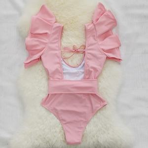 Nouveau Maillot de Bain Une Pièce Sexy et Mignon pour Femme, Design Personnalisé, Bretelles Nouées, Col en V, Couleur Unie, Dos Nu Évidé, Volants - Product Image 6