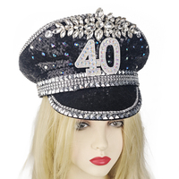 Casquette de capitaine noire scintillante faite à la main avec lettres en strass et sequins, personnalisable pour fête d'anniversaire