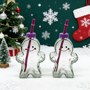 10oz 15oz New Christmas <strong>Glass</strong> <strong>Bottle</strong> with Straw Cute Cartoon Gingerbread Man <strong>Glass</strong> Cup with Cap <strong>Glass</strong> Juice <strong>Bottles</strong> with Lids - Product Image 2