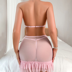 ชุดชั้นในโครเชต์ลายดอกไม้สีพื้นคุณภาพสูง ดีไซน์เซ็กซี่ แฟชั่นใหม่ กระโปรงสั้นตาข่ายซีทรู ชุดเซ็ต 3 ชิ้น - Product Image 6